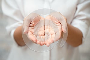 Closeup female two hand open palm clean white cloth for giving helping asking image concept