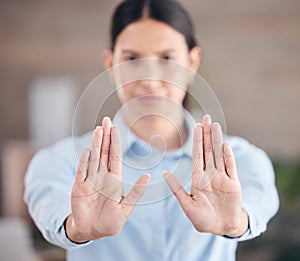 Closeup of females hands showing stop. Business woman holding out her palms. Woman saying no to