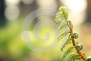 closeup of a fern unfurling its leaves in a shady forest