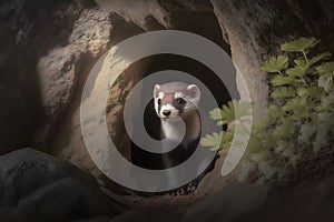 Closeup of the ferret in the nature. Ferret on the hunt. Neural network AI generated