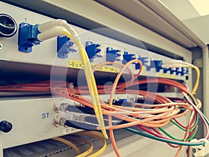 Closeup of fiber optic cable plugged into switch.