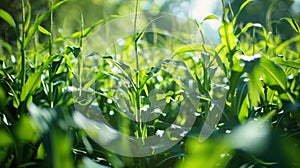 A closeup of a field filled with tall vibrant green plants representing a potential source of feedstock for