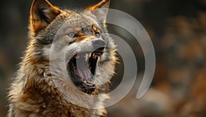 Closeup of a fierce Canidae showing its fangs, whiskers, and fur in the wild