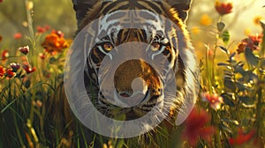 A closeup of a fierce tiger its piercing golden eyes locked onto the camera surrounded by tall grass and vibrant flowers