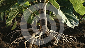 A closeup of a fig trees intricate root system snaking through the soil and absorbing vital nutrients for the growth of photo