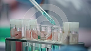 Closeup filling test tubes in advanced laboratory. Lab scientist using pipette