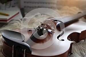 Closeup Fine Tuners and Tailpiece of violin ,part of acoustic instrument