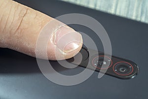 Closeup of a fingerprint reader on a mobile phone