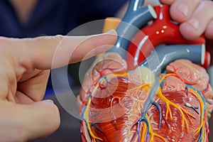 closeup of fingers pointing at ventricles on a heart model photo