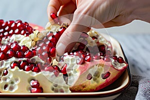 closeup of fingers pulling arils from a pomegranate section