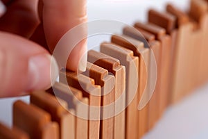 closeup of fingers steadying a domino piece in a row