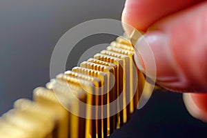 closeup of fingers steadying a domino piece in a row