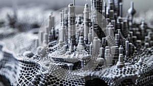 Closeup of a finished 3D printed sculpture depicting a futuristic cityscape. The material used appears to be a mix of