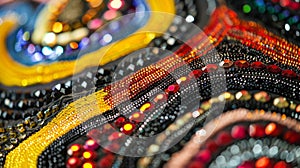 A closeup of a finished textile adorned with beads and sequins in a traditional design. However closer inspection photo