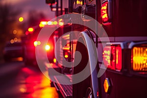 closeup of fire truck sirens and lights flashing at twilight