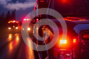 closeup of fire truck sirens and lights flashing at twilight