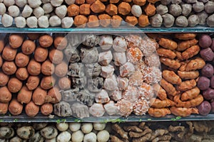 Closeup of fishballs, seafoodballs, and meatballs in a pushcart`s window