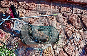 Closeup of fishing net in a harbor