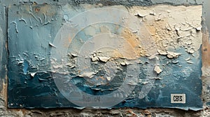 Closeup of flaky paint on a concrete wall showcasing a mixture of muted blues and greys photo