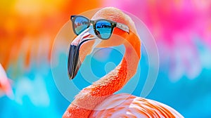 closeup flamingo with sunglasses in studio with a colorful and bright background. AI Generative