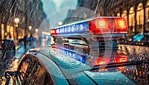 Closeup of Flashing Lights on Top of Police Patrol Car - Generative Ai