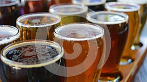 A closeup of a flight of nonalcoholic beers showcasing the diverse colors and flavors of each unique brew photo