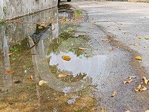 Closeup of flooding roadway side as the clogged or ineffective street drainage system failed to release the water from the road