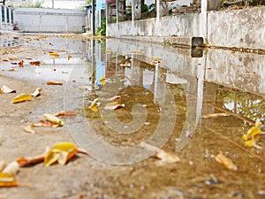 Closeup of flooding roadway side as the clogged or ineffective street drainage system failed to release the water from the road