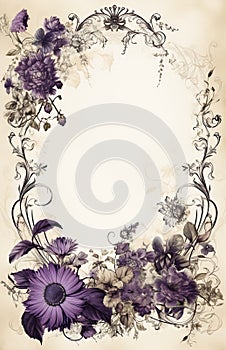 Closeup of a floral frame with purple flowers and leaves design