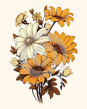 Closeup of flowers: a colored illustration with brown, yellow, a