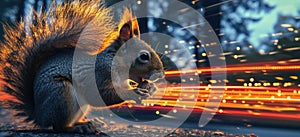 Closeup of a fluffytailed squirrel nibbling on a nut with the vibrant streaks of car lights streaking across the night