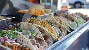A closeup of a food trucks menu board featuring international dishes such as tacos curries and gyros