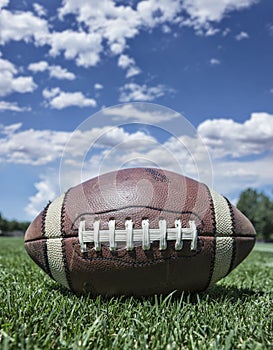 Closeup of a football sitting on grass football field outdoors