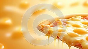 Closeup of a fork lifting delicious slice of cheesy pizza delicious