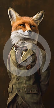 A closeup of a fox dressed in a suit and tie, looking dignified