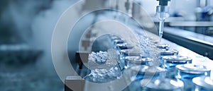 A closeup of a freezedrying process in pharmaceutical manufacturing showcasing the technique for stabilizing biopharmaceuticals