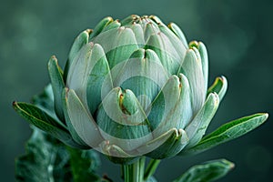 closeup fresh artichoke on green background, undisclosed bud, macro