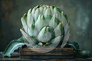 closeup fresh artichoke in wooden box on green background, undisclosed bud, plant photo