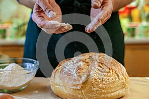 Closeup of fresh baked bread. Cook cooks bread with flour and eggs.