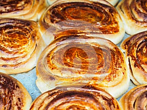 Closeup of fresh baked cinnamon buns