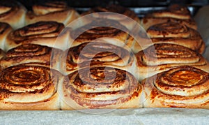 Closeup of fresh baked cinnamon buns
