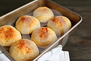 Fresh Baked Homemade Brazilian Cheese Bread or Pao de Queijo in the Baking Tray