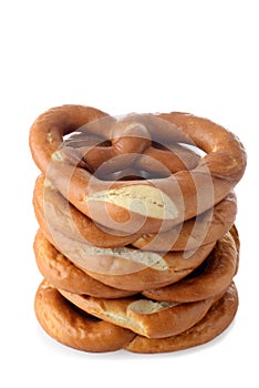 Closeup fresh baked stack of soft pretzels