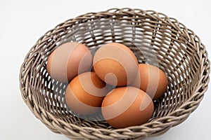 Closeup of fresh brown eggs in Easter basket