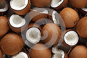 Closeup of fresh coconuts, top view, seamless pattern. Generative Ai