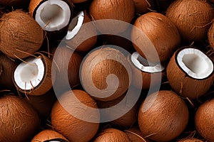 Closeup of fresh coconuts, top view, seamless pattern. Generative Ai