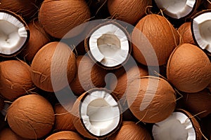 Closeup of fresh coconuts, top view, seamless pattern. Generative Ai