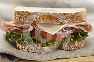 Closeup fresh ham and cheese sandwich