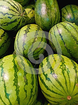 Closeup fresh many watermelons on market.
