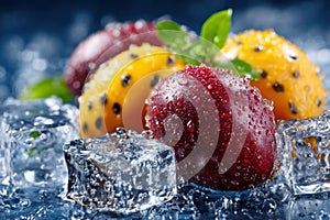Fresh plums and ice cubes on a blue background